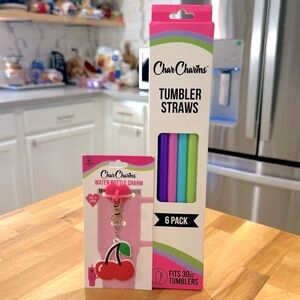 New! CharCharms 6pk Reusable 40oz Tumbler Straws & Cherry Tumbler Charm